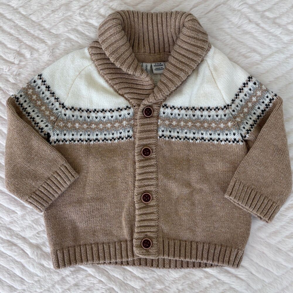 Janie and Jack Baby 3-6M Fair Isle Shawl Collar Cardigan Brown Ivory Cotton